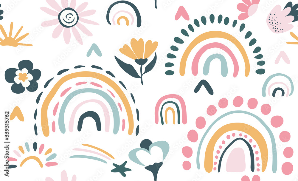 Obraz premium Seamless vector pattern with hand drawn rainbows and sun.