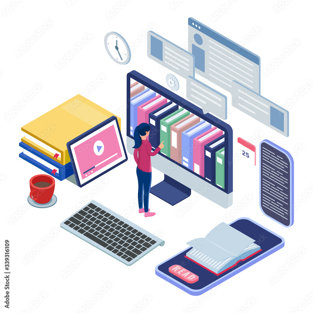 Female stand in front of computer and pick book at the online library. E-learning concept with isometric illustration. Computer with smartphone, books, keyboard, cups. Desk equipment. Vector Female stand in front of computer and pick book at the online library. E-learning concept with isometric illustration. Computer with smartphone, books, keyboard, cups. Desk equipment. Vector