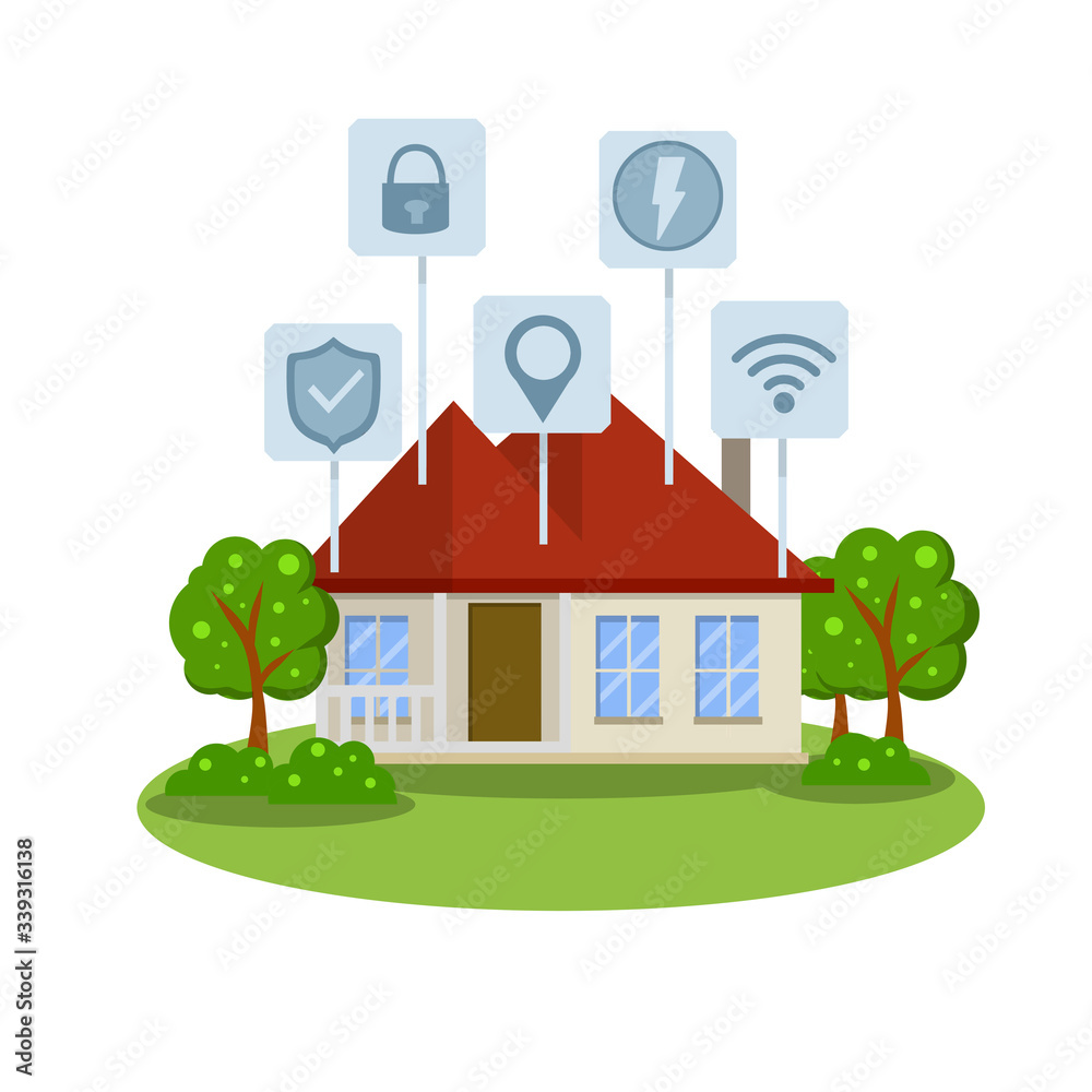 Small house. Suburban one-storey building. Smart house. Online system management. Wifi, lock, security, electricity, energy, location. Modern effective communication. Cartoon flat illustration Small house. Suburban one-storey building. Smart house. Online system management. Wifi, lock, security, electricity, energy, location. Modern effective communication. Cartoon flat illustration