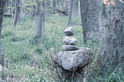  man of stones stands by the wayside in a forest