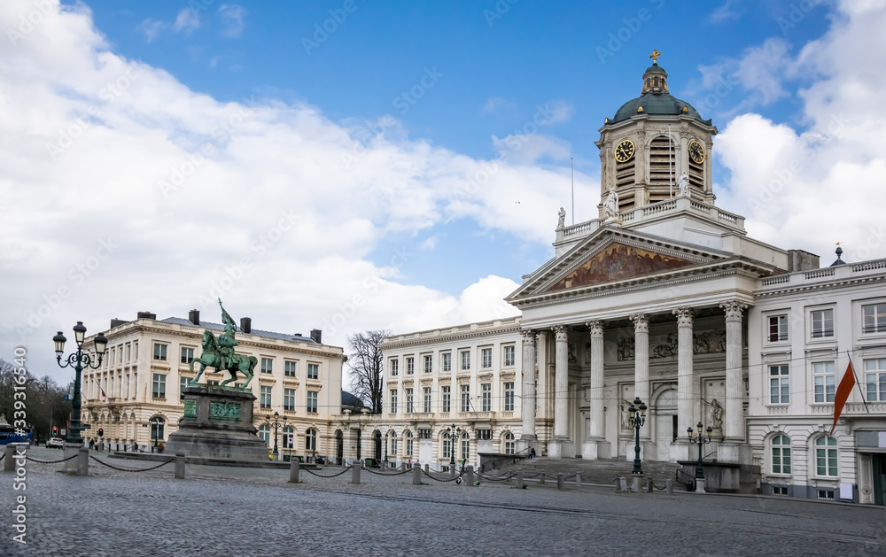 General view of the Place Royale in the historic center with an equestrian statue of Godfrey of Bouillon and the Church of Saint-Jacques-sur-Coudenberg. Architecture and landmarks of Brussels, Belgium
