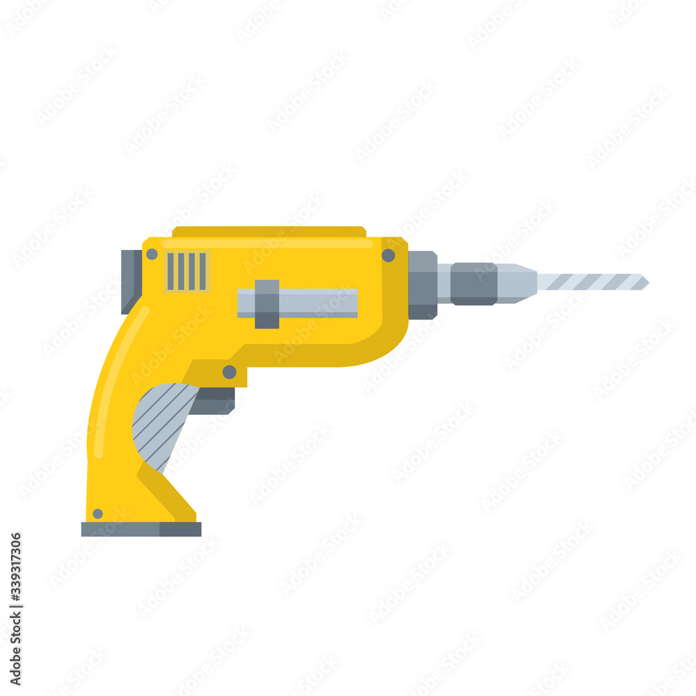 Drill. Appliance of Builder and worker. Repair and installation tools. maintenance and editing. Cartoon flat illustration. Engineering object Drill. Appliance of Builder and worker. Repair and installation tools. maintenance and editing. Cartoon flat illustration. Engineering object