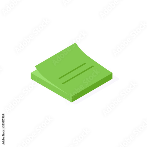 Sticky note paper isometric vector illustration. Green sticker for writing important working notes and post.