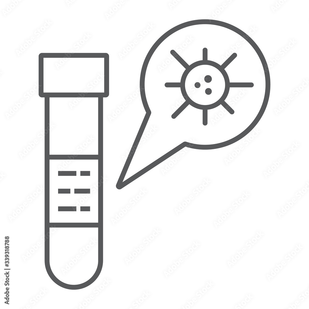 Test tube thin line icon, blood and coronavirus, test tube with covid-19 sign, vector graphics, a linear icon on a white background, eps 10.
