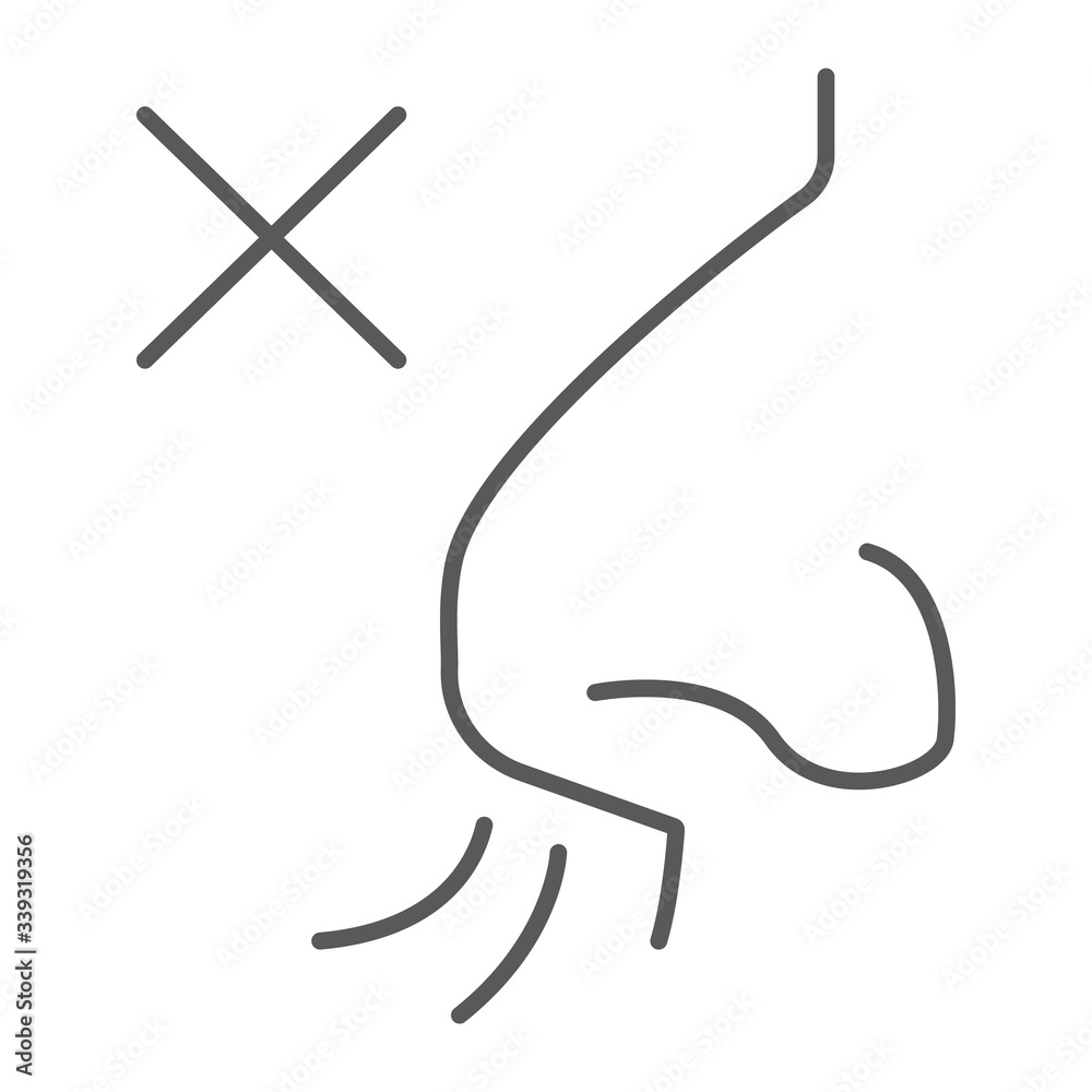 No smell symptom thin line icon, infection and covid-19, coronavirus symptom sign, vector graphics, a linear icon on a white background, eps 10. No smell symptom thin line icon, infection and covid-19, coronavirus symptom sign, vector graphics, a linear icon on a white background, eps 10.