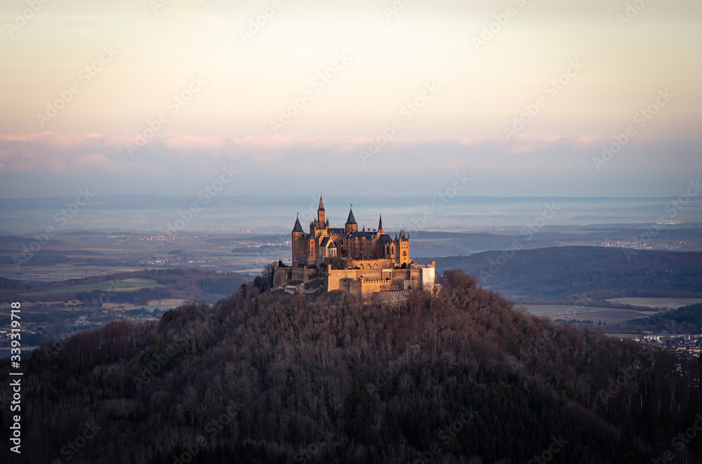 Medieval Hohenzollern Castle at the golden hour after sunrise