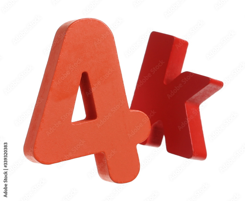 Obraz premium Colorful educational wooden number and letter blocks for children, 4K full HD concept for marketing and advertisement isolated on white background with clipping path