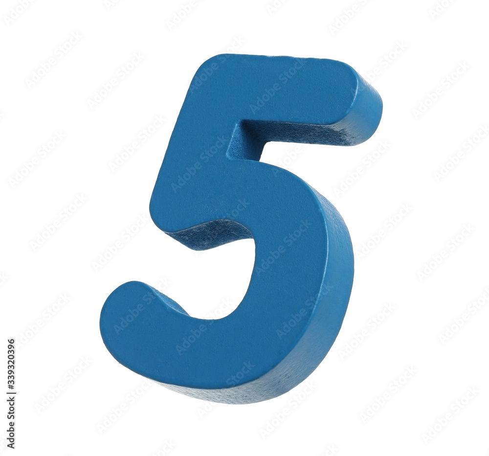 Blue educational wooden number block five for children, isolated on white background with clipping path Blue educational wooden number block five for children, isolated on white background with clipping path
