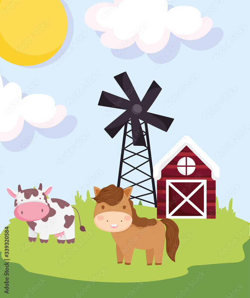farm animals horse cow barn windmill meadow cartoon farm animals horse cow barn windmill meadow cartoon