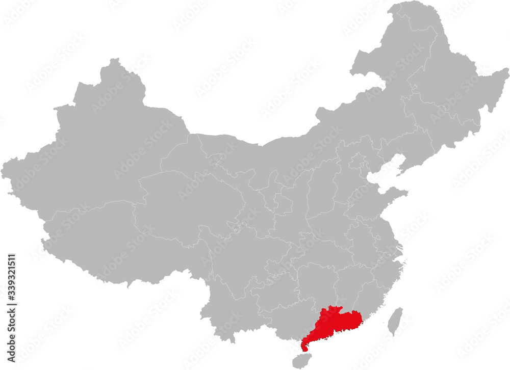 Obraz premium Prowincja Guangdong zaznaczona na mapie Chin. Szare tło.