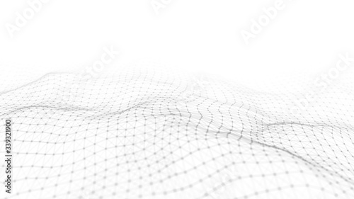 Wave white background. Abstract white futuristic background. Wave with connecting dots and lines on white background. Wave of particles. 3D rendering.