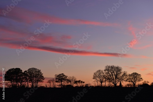 Parish rural landscape, Jersey, U.K. Spring sunset over a field.