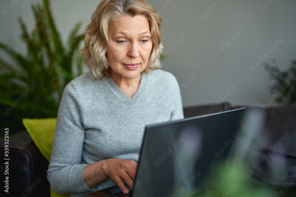 Woman lying on a sofa at home concentrating as she works on a laptop Woman lying on a sofa at home concentrating as she works on a laptop