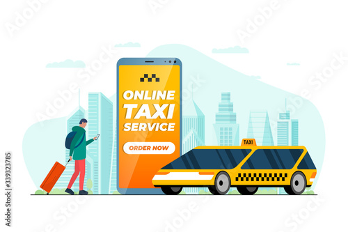 Taxi order service concept. Male with suitcase luggage holding smart phone with ordering app and modern yellow cab. Online get taxicab application flat vector illustration