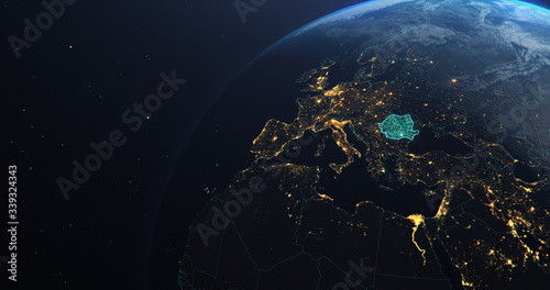 Romania map from outer space, teal highlight planet earth technology, copy negative space, 3d illustration, elements of this image courtesy of NASA photo