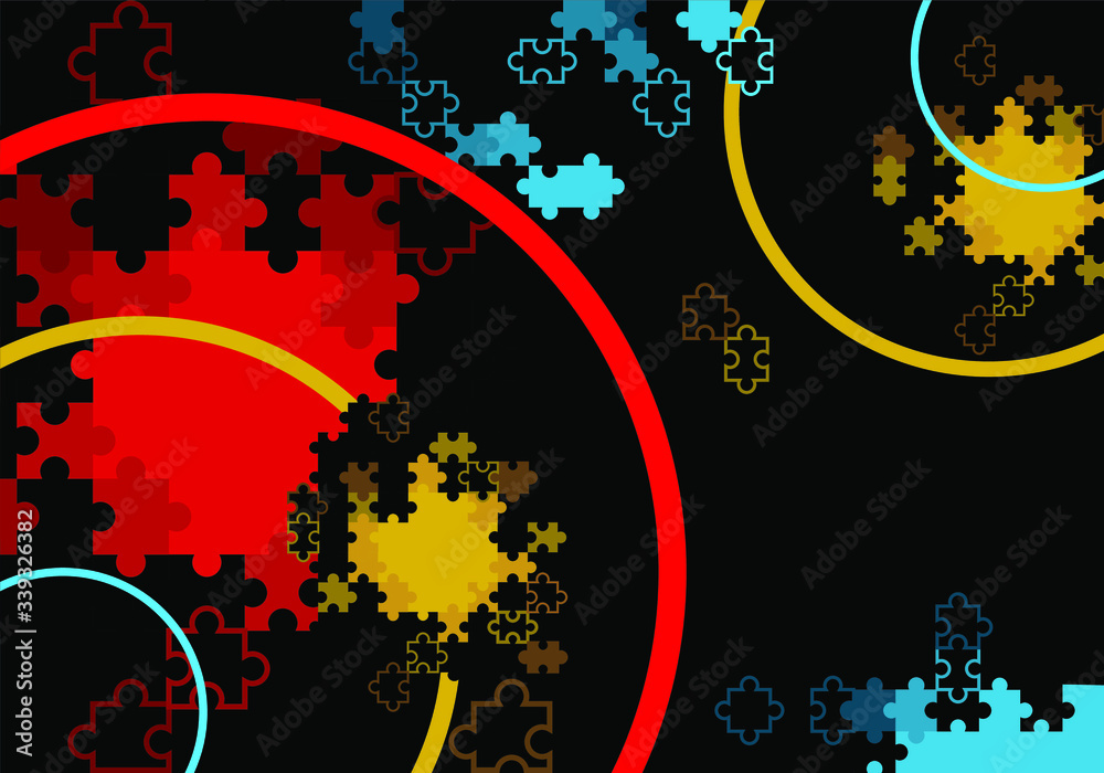 Vector graphics. Abstraction .Lines and puzzles are falling apart . Colored. Red ,blue, yellow .On black background