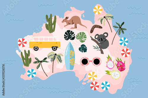 Illustrated map of Australia. Australian culture, nature, and traditions on a map. Hand-drawn modern vector illustration for web and print. Trendy Australian map design.