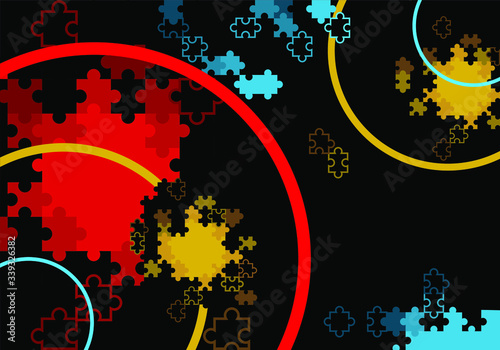 Vector graphics. Abstraction .Lines and puzzles are falling apart . Colored. Red ,blue, yellow .On black background