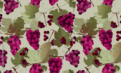 The red grape seamless pattern design. Hand-drawn vector grape branches and leaves. Fashionable and modern illustration. Winemaking and wine-drinking concept. Grape harvest in France.