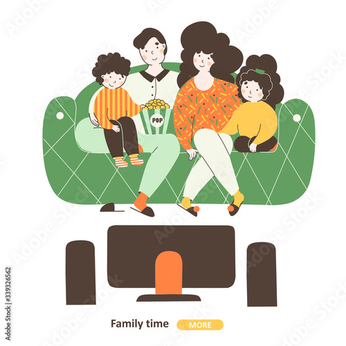 Cartoon illustration with family watching movie flat vector cartoon illustration.