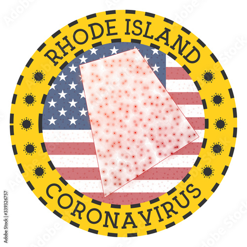 Coronavirus in Rhode Island sign. Round badge with shape of Rhode Island. Yellow US state lockdown emblem with title and virus signs. Vector illustration.
