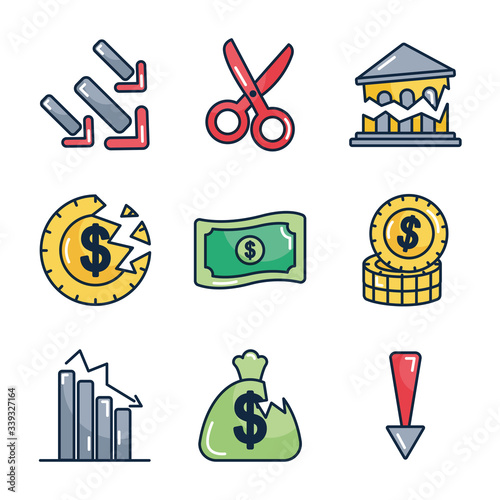 money and financial broke icon set, line color style