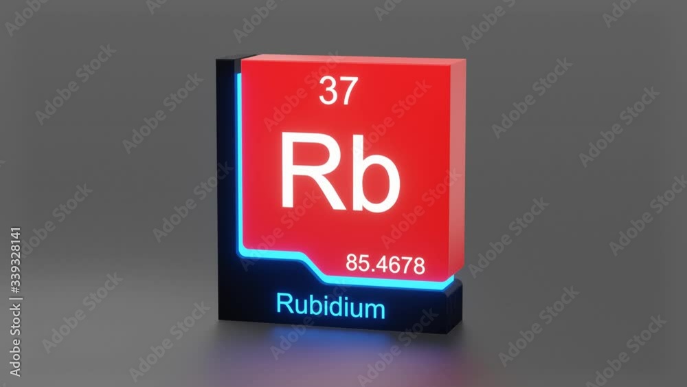 Rubidium, periodic table element 3D animation, modern educational red icon with blue neon light Rubidium, periodic table element 3D animation, modern educational red icon with blue neon light