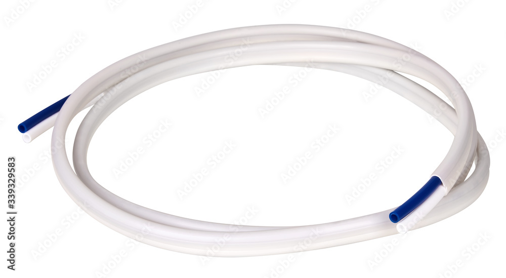White flexible plastic water hose isolated on white background. Such double hose can be used for installation of flowing water for water filtration system White flexible plastic water hose isolated on white background. Such double hose can be used for installation of flowing water for water filtration system