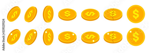 Set of golden dollar coins icons in flat isometric style