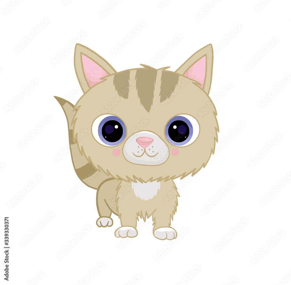 Cute kitten with big eyes is standing. animal character in cartoon style on a white background