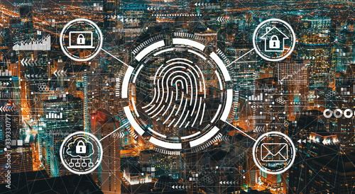 Fingerprint scanning theme with downtown Chicago cityscape skyscrapers