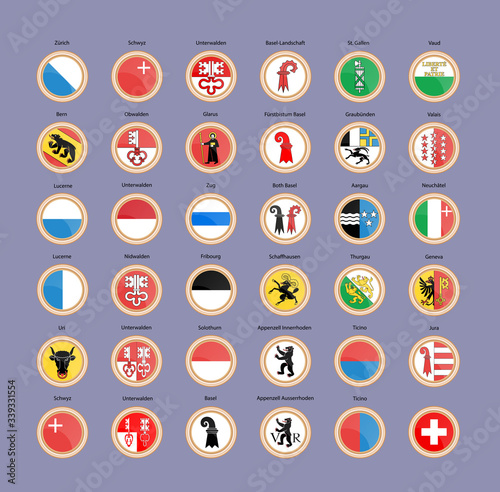 Set of vector icons. Cantons and regions of Switzerland Flags.  photo
