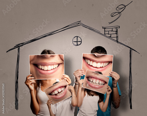 happy young family with children staying home. Confinement concept.