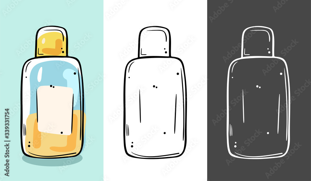 Illustration of a cosmetic in a bottle. Suitable for tonic, makeup remover, micellar water. Illustration of a cosmetic in a bottle. Suitable for tonic, makeup remover, micellar water.