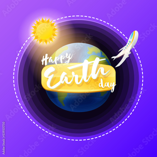 Cartoon earth day illustration or banner with earth globe and flying space plane isolated on violet sky background. Vector World earth day concept poster illustration with planet Earth in space