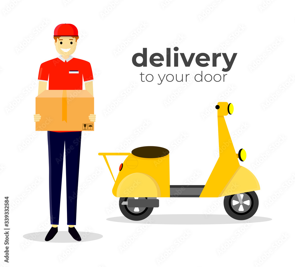 Fast and free delivery by scooter. E-commerce concept. Vector cartoon illustration. Food service. Webpage, app design. Pastel blue background.