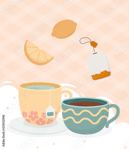 coffee time, teacup and coffee cup tea bag lemon fresh beverage