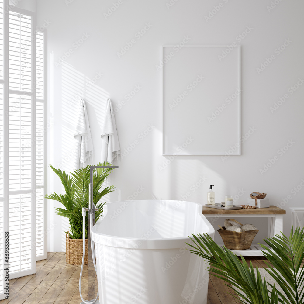 Poster mockup in white cozy bathroom interior background, 3d render - obrazy, fototapety, plakaty 