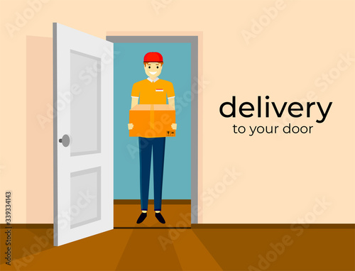 Delivery to home courier with boxes. Express delivery of packages, goods to the home. Cartoon vector illustration. Delivery order. Open door. Inside of home. Tracking and the internet.