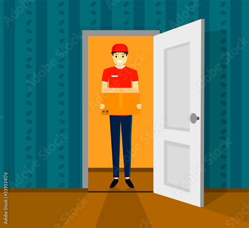 Delivery to home courier with boxes. Express delivery of packages, goods to the home. Cartoon vector illustration. Delivery order. Open door. Inside of home. Tracking and the internet.