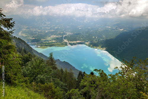 Panoramic view of Santa Croce lake and Alpago municipality in the Province of Belluno in region of Veneto, Italy photo