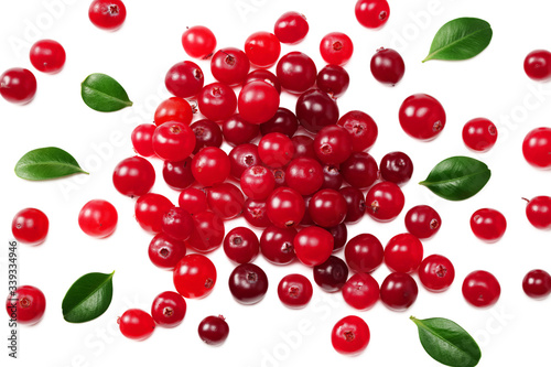 Cranberry with green leaves isolated on white background. top view