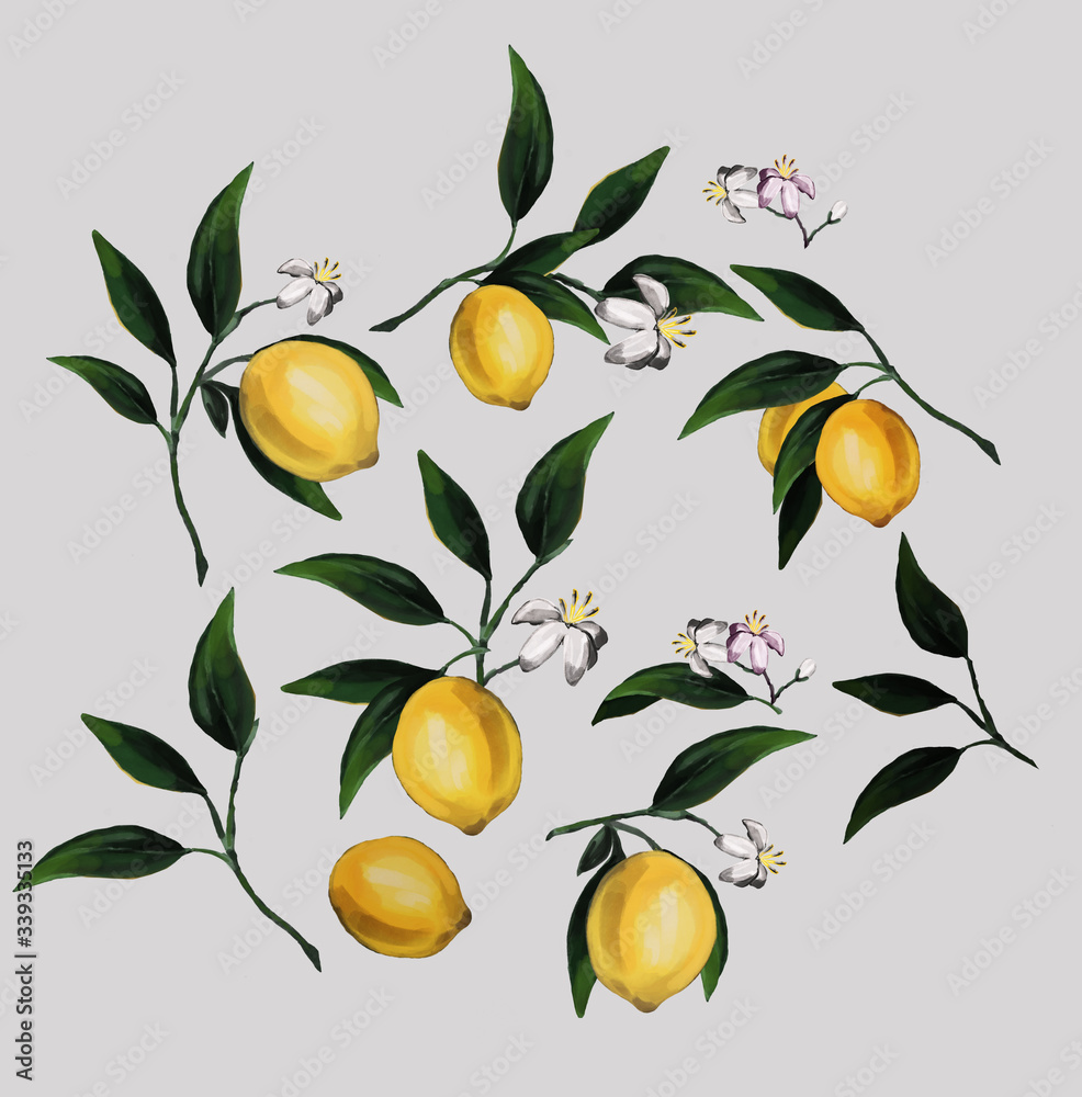 Vintage Lemons, Flowers and Leaves. Watercolor Style Fruits. Raster citrus illustration. Design elements..