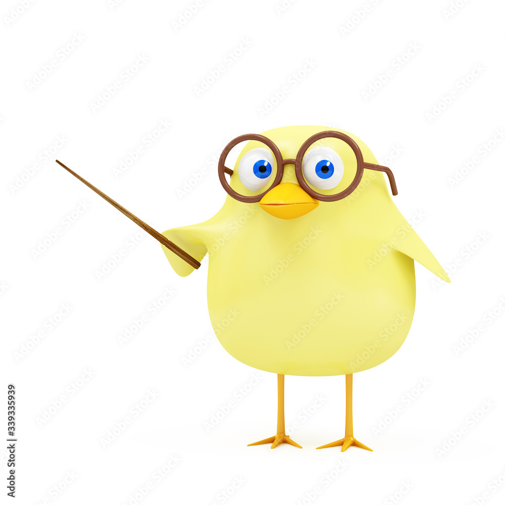 Cartoon Funny Little Chicken Teacher with School Pointer isolated on white background Cartoon Funny Little Chicken Teacher with School Pointer isolated on white background