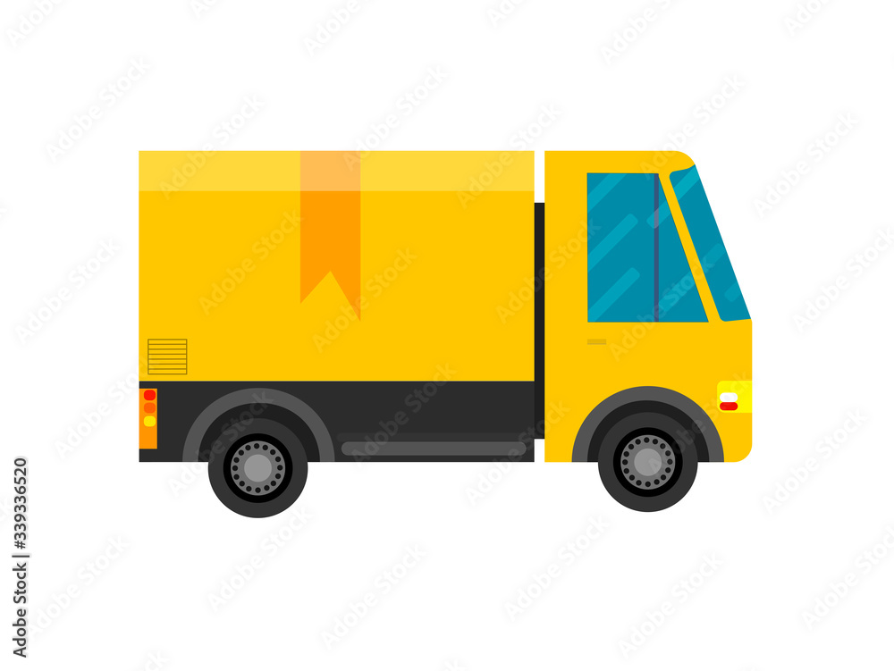 Cartoon delivery truck van isolated on white background. Vector illustration of yellow truck delivery. Fast delivery service concept. Postal service creative icon design.
