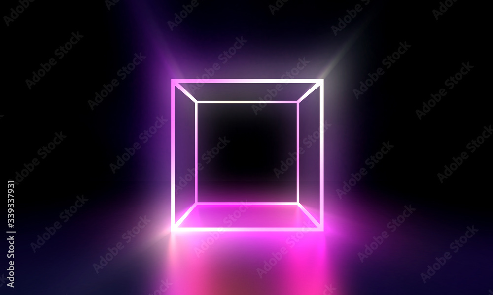 Neon Cube with Illuminated Glowing Rays on black reflective background Neon Cube with Illuminated Glowing Rays on black reflective background