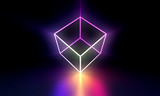 Neon Cube with Illuminated Glowing Rays on black reflective background