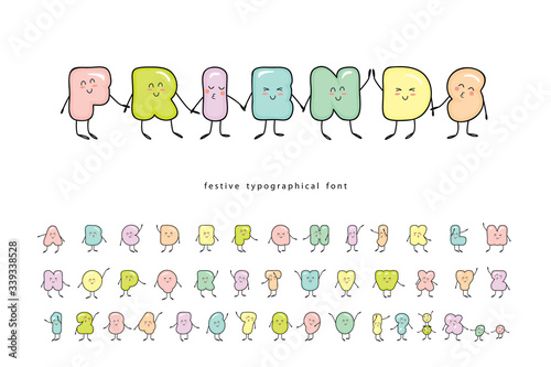 Cartoon emoticons font. Funny friendly characters. Cute alphabet. Colorful letters and numbers isolated on white. For birthday, baby shower, T-shirt design. Vector