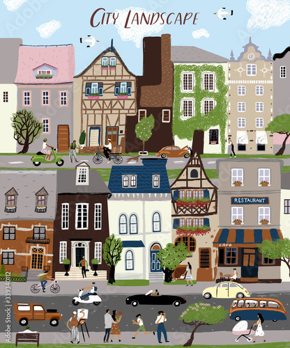 City landscape! Vector cute illustration of houses, trees, people and family on town street. People walking, ride bicycle. European architecture and traffic. Drawings for poster, card and cover