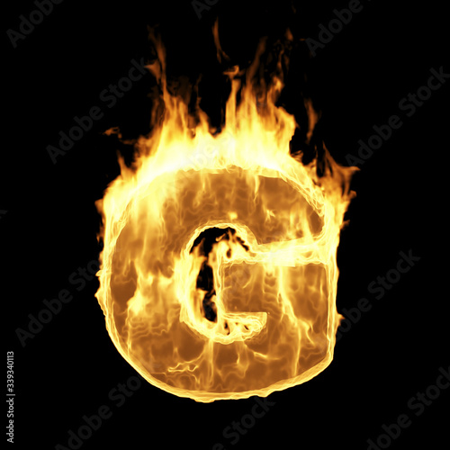 Burning Flame Alphabet. Fire Letters isolated on black background (Letter G). 3D Rendering